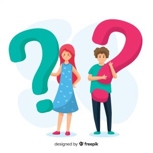 cartoon of two people holding onto question marks. Questions about counselling page